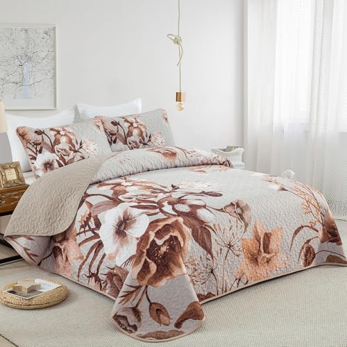 Khaki Quilt Set King Size Bedding Set 3 Pieces Boho Floral Quilt Bedspread Soft Microfiber Lightweight Flower Coverlet Set with 2 Pillow Shams for All Season 90"x104" Drucon