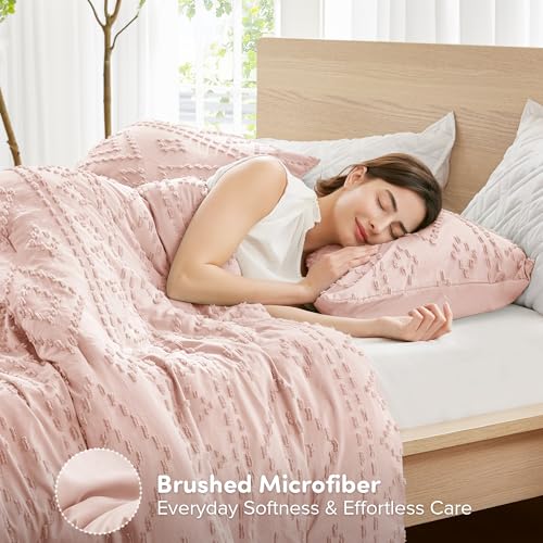 Comfort Spaces Comforter for Queen Size Bed, Geometric Diamond Tufted Boho Comforter Set Queen, All Season Lightweight Bedding Set, Matching Sham, Full/Queen Pink 3 Piece Comfort Spaces