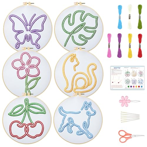 BEUNITONE Abstract Animal Embroidery Kit, 6PC Modern Line Art Needlepoint Kits with Hoops, Instructions, Threads, DIY Craft for Adults Beginners, Home Decor, Hand Embroidery Patterns for Gifts