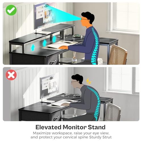 SUPERJARE 47 inch Reversible L Shaped Desk with LED Lights & Power Outlets, Computer Desk with Shelves & Monitor Stand, Gaming Desk with Drawer, Home Office Desk Corner Desk, Carbon Fiber Black SUPERJARE