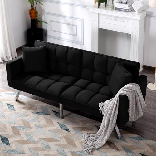 78" Modern Sofa Bed Futon,Convertible Sleeper Bed Couch with 4 Reclining Backrest,Comfy Velvet Cloud Sofa Loveseat for Living Room Bedroom Office (Black) Anwick