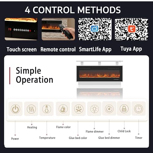 Fireplace TV Stand with 50" Smart Electric Fireplace, Modern Wood Entertainment Center with Mantel&Built-in Power Outlets, Fireplace Cabinet for Living Room (White, 50“ WiFi) HOMTHING