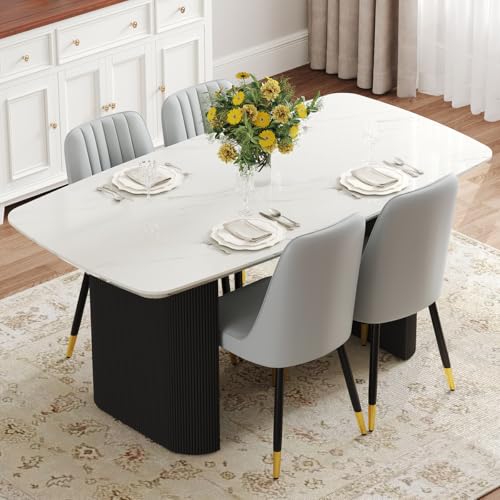 Ebullient White Marble Dining Table for 6–8, 67'' Modern Oval Kitchen Table with 3.5'' Thick White Marble-Patterned Tabletop and Matte Black Column Legs, Large Dining Room Table Ebullient