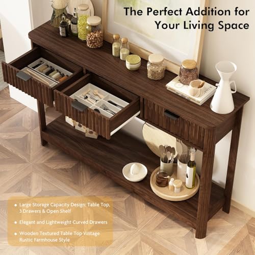 RUSTOWN Fluted Wood Console Table with 3 Drawers, Boho Narrow Behind Couch Entryway Table with Open Storage Shelf, Modern Sofa Table for Living Room, Foyer and Hallway (Dark Walnut) RUSTOWN