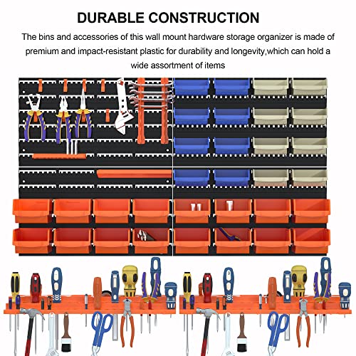 52PCS Wall Mounted Storage Bins Garage Storage Drawers with 4PCS Wall Mounting Peg Boards Workshop Parts Rack Container Tool Organizer Easy Access Compartments for Hardware Crafts Office Supplies RELIANCER
