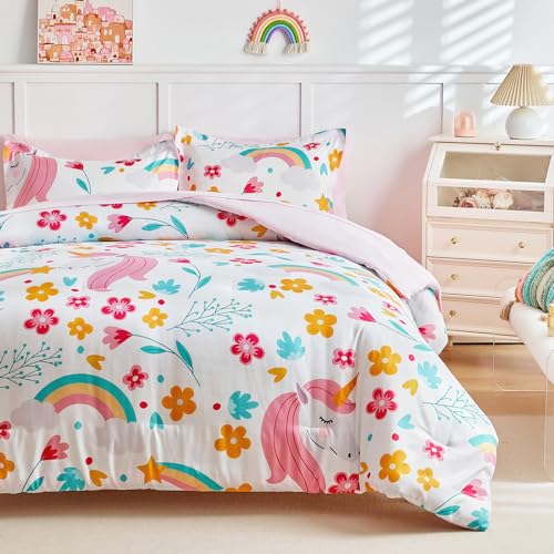 Girls Bed in a Bag Queen Size White Unicorn Comforter Set with Rainbow Flower - Soft 7 Pcs Pink Bedding Set (1 Comforter, 2 Pillow Shams, 1 Flat Sheet, 1 Fitted Sheet, 2 Pillowcases) UOZZI BEDDING