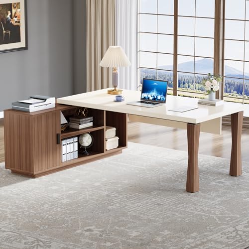 Tribesigns 71-Inch Executive Desk, L-Shaped Desk with Cabinet, Large Office Desk with Storage Shelves, Writing Table Desk Business Furniture Set for Home Office, Cream White Tribesigns