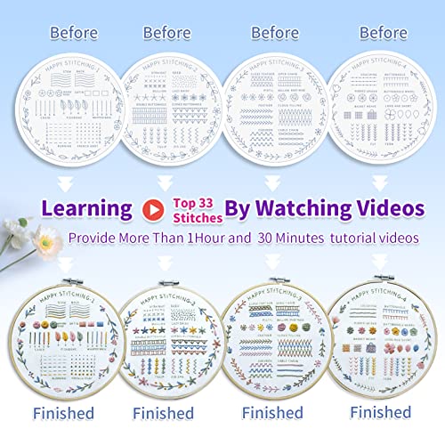 ETSPIL 4 Pre-Printed Embroidery Kit for Adults & Beginners — Learn Step by Step with 4K Videos, Floral Patterns, 33 Beginner-Friendly Stitches, Relaxing Craft at Home
