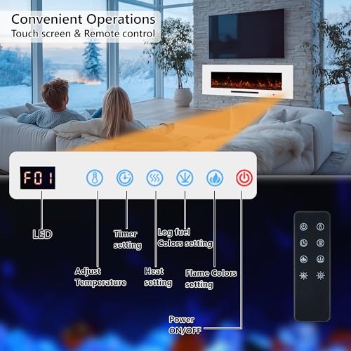 Dreamflame 50" Electric Fireplace, Recessed & Wall Mounted Fireplace Heater 13 * 13 Colors Flame &Fuel Bed w/5 Dimmer, Touchscreen &Remote Control Temp, Overheating Protect, Hardwired, 1500W, White Dreamflame