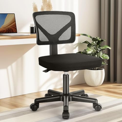 DUMOS Armless Office Chairs with Wheels, Ergonomic Adjustable Home Desk Swivel Rolling Task Chair No Arms, Comfy Mesh Mid Back Computer Work Vanity Desk Chairs for Small Spaces, Dark Black DUMOS