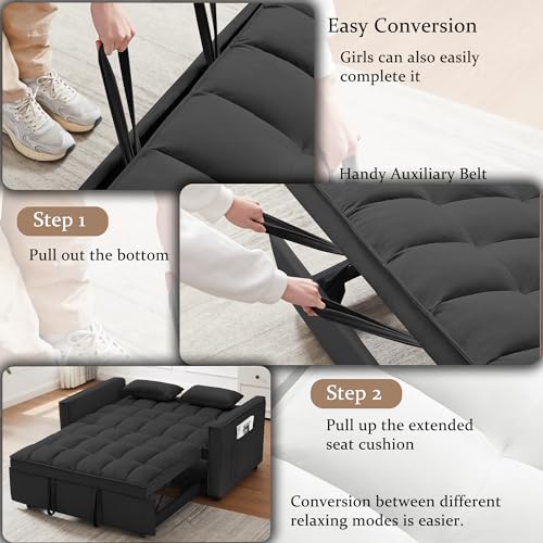 QKFF Convertible Sleeper Sofa Bed, 3 in 1 Modern Velvet Loveseat Futon Sofa Couch with Pullout Bed Reclining Backrest Toss Pillows Pockets for Living Room(Black) QKFF