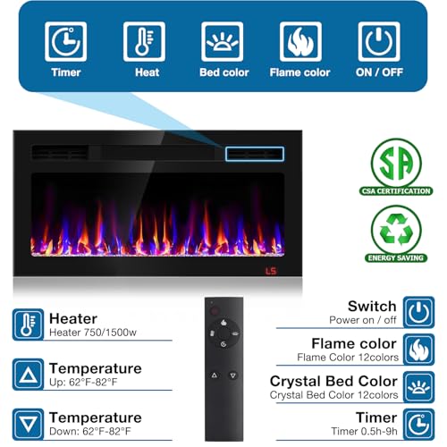 31 Inch Electric Fireplace Recessed and Wall Mounted, Fireplace Heater and Linear Fireplace, Ultra-Thin Electric Fireplace, Low Noise, with Timer, Remote Control, Adjustable 12 Flame Color, 750/1500W Sixfivsevn