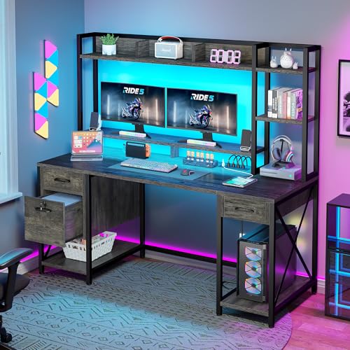 DWVO Computer Desk with Drawers & Hutch, 59.1" Office Desk with Power Outlets & LED Lights, Home Office Desk with Storage Shelves, Grey DWVO