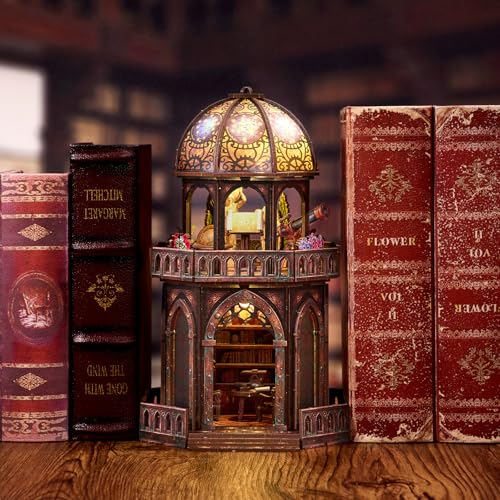 TOYQI Book Nook Mini House Kit, DIY Miniature Dollhouse Booknook for Adults, 3D Wooden Puzzle Bookend Bookshelf Insert Decor, Tiny Stargazing Tower Observatory, Gift for Family and Friends