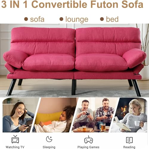 Modern Linen Velvet Convertible Folding Futon Couch Sofa Bed Adjustable Pillow Top Arm Memory Foam Couch Double Loveseat Sofa for Compact Living Space,Dorm,Game Studio,Apartment,Bedroom (Rose Red) Klwenas Maec