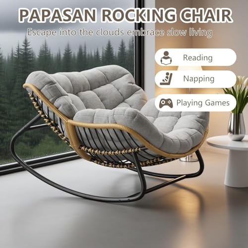 Virplik Oversized Papasan Rocking Chair with Extra Thick Cushion, Rattan Wicker Egg Chair for Indoor & Outdoor Use – Cozy Swivel Lounge Chair for Patio, Living Room, Bedroom, or Porch, Grey
