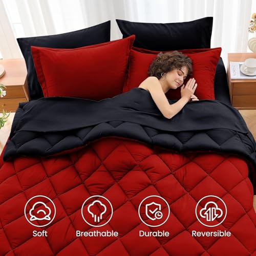 MUXHOMO 7 Pieces King Comforter Set, Reversible Bed in a Bag King Size, All Season Bedding Set with Comforter, Flat Sheet, Fitted Sheet, Pillowcases & Shams, Red & Black MUXHOMO