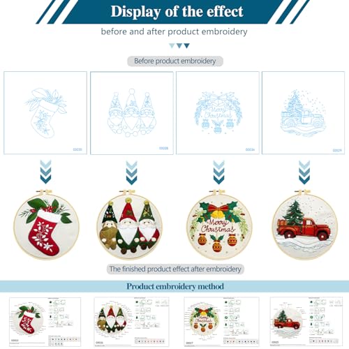 Zhenqing Christmas Embroidery Kit for Beginners - 4 Piece 29x29cm Round Hoop Art with Pre-Printed Cotton Fabric, Embroidery Hoop, Threads & Tools (Merry Christmas, Stocking, Truck, Gnomes)