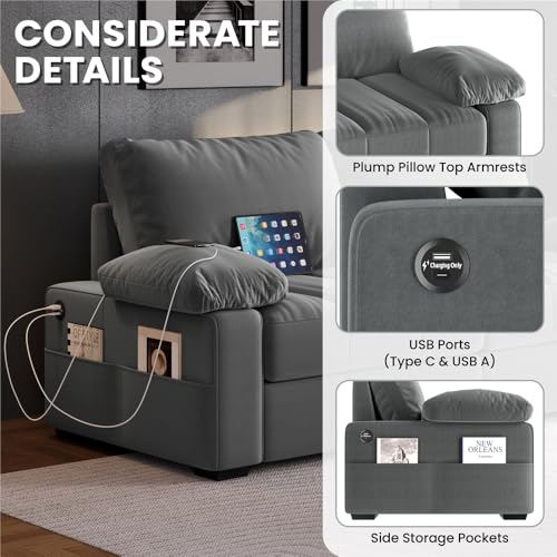 Yaheetech 79" Velvet Couch, Comfy Sofa with Pocket Coils, Deep Seat, Storage Pockets and USB Ports, 2 Seater Modern Loveseat Sofas with Removable Cover, Pillow Top Arms for Living Room Apartment Gray Yaheetech