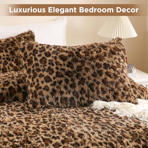 Melo10PM Cheetah Print Fluffy Faux Fur Comforter Set Full Size, 3 Pieces Brown Leopard Plush Shaggy Fuzzy Bedding Set, Ultra Soft Luxury Furry Boho Animal Print Winter Warm Comforter for Women Gilrs Melo10PM
