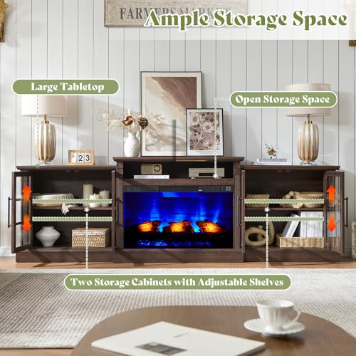 AMERLIFE 97" Farmhouse Fireplace TV Stand, Entertainment Center with Large Storage Space and Adjustable Shelf, Media Console for Living Room, Rustic Brown AMERLIFE