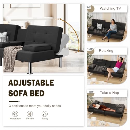 Shahoo Modern Linen Upholstered Convertible Folding Futon Sofa Bed with Removable Armrests, Metal Legs, 2 Cup Holders for Living Room, Black Shahoo
