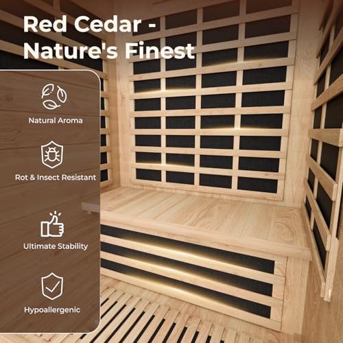 Far Infrared Sauna, 2 Person Outdoor Sauna Red Cedar Wood, 2080W Low EMF 110V with 8 Heaters, Chromotherapy Lights, Oxygen Bar, Control Panel & Beauty Light for Yard, Deck, Pool, 48.8 * 38.2 * 81.9 In LINKHOO