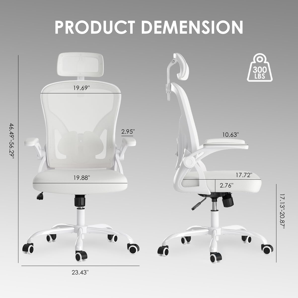 Farini Ergonomic Office Chair, Home Office Desk Chair with Headrest, High Back Computer Chair with Flip-up Armrests and Adjustable Lumbar Support for Home Office Study Room (with Headrest, All-White) Farini