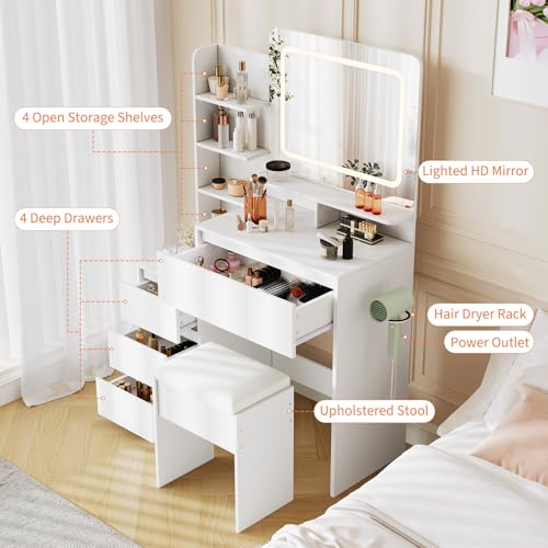 Loumernhant Vanity Set with Mirror and Adjustable Lights, Makeup Vanity Table with Built-in Charging Station, Vanity Desk with 4 Drawers, 4 Shelves, Vanity Bench for Bedroom-White Loumernhant