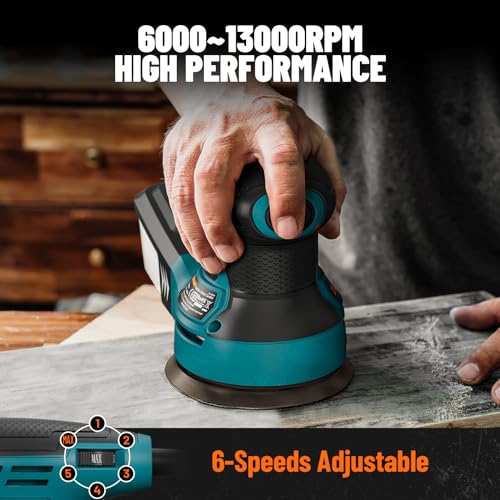 DOVAMAN ROS01A Orbital Sander, 3A Random Orbit Sander, 6 Variable Speeds, Up to 13000 rpm, 12pcs Sandpapers, 5in Sanding Pad, Dust Collection, Electric Sander Perfect for Woodworking DOVAMAN