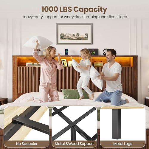 CypBed King Size Bed Frame and Headboard& 2 Storage Drawers, King Bed Frame with LED Light and Charging Port, Farmhouse Wavy Design, Wood & Metal Platform, Noise-Free, No Box Spring Needed, Walnut CypBed