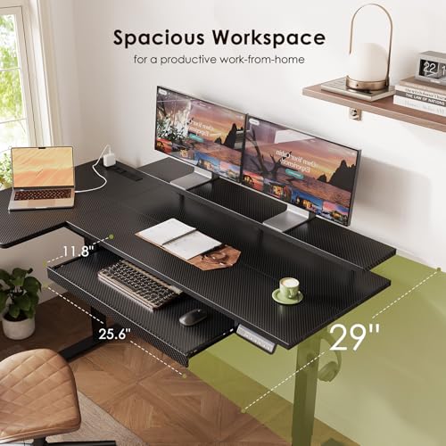 OffiGo 55 Inch L Shaped Electric Standing Desk with Keyboard Tray, Reversible Height Adjustable Corner Computer Desk with Monitor Stand, Sit Stand Up Lift Table for Home, Office, Carbon Fiber Black OffiGo