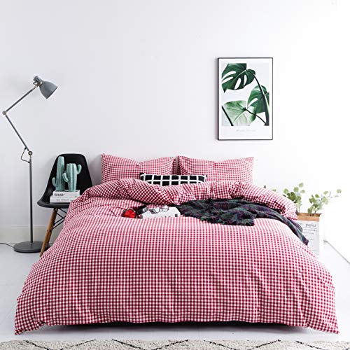 SUSYBAO Red Gingham Duvet Cover King 100% Washed Cotton 3 Pcs Set 1 Farmhouse Plaid Duvet Cover with Zipper Ties 2 Pillowcases Vintage Grid Bedding Set Soft Breathable SUSYBAO