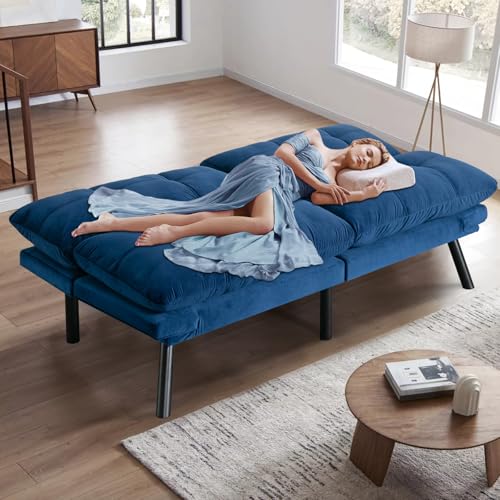 SoarFlash 67 Inch Futon Double Sofa Bed, 2 in 1 Velvet Loveseat Sofa with Adjustable Backrest for Living Room Bedroom Office Apartment Compact Couch(Blue) SoarFlash