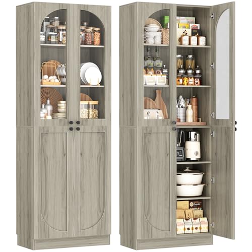 Cyclysio 80" Kitchen Pantry, Tall Arch Storage Cabinet with Tempered Glass Doors, Freestanding Wood Floor Cupboard Bookcase with Seamless Fit Wall for Dining Room, Living Room, Bathroom (Ash Grey) Cyclysio