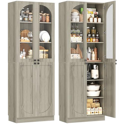 Cyclysio 80" Kitchen Pantry, Tall Arch Storage Cabinet with Tempered Glass Doors, Freestanding Wood Floor Cupboard Bookcase with Seamless Fit Wall for Dining Room, Living Room, Bathroom (Ash Grey)