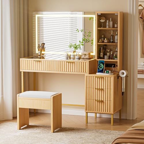 EOYUTLLY 48" Fluted Makeup Vanity Desk with 36" Mirror and Light,Glass Top Wooden Vanity Table with Charging Station,5 Drawers, 3 Adjustable Shelves & 3 Color Lighting Mode, Bedroom Dressing Table,Oak EOYUTLLY