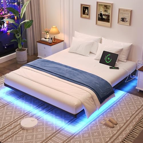 Awesofurni Floating Bed Frame Full Size with Smart LED Lights and Charging Station, Heavy Duty Modern Metal Platform Bed No Box Spring Needed - Easy Assembly and Noise Free Awesofurni