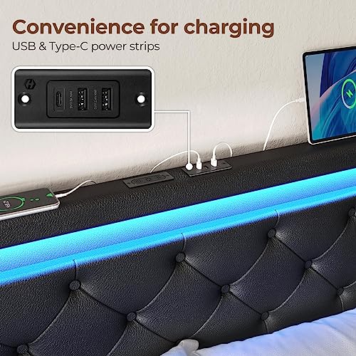 Rolanstar Twin Bed Frame with LED Lights and Charging Station, PU Leather Bed with Drawers, Wooden Slats, Noise Free, Easy Assembly, Black Rolanstar