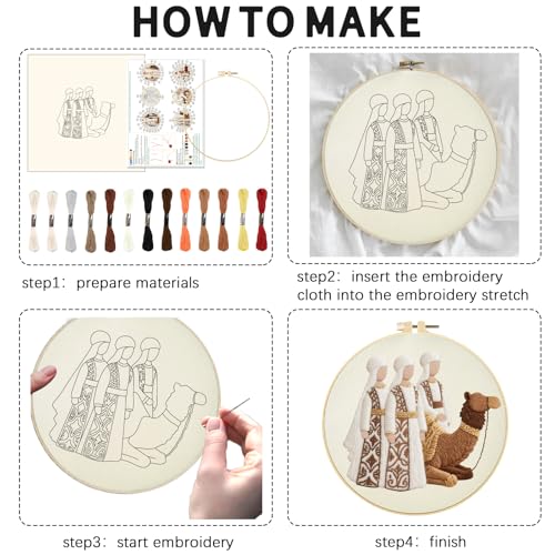 INFUNLY 6 PCS Nativity Scene Embroidery Kits for Beginners DIY Cross Stitch Starter Sets with Instructions Angel Camel Pattern Christmas Needlepoint Kits with Embroidery Cloth Colored Threads Hoops
