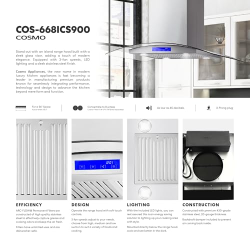 COSMO COS-668ICS900 36 in. Lumin Collection 380 CFM Ducted Island Range Hood, Soft Touch Controls, LED Lights, Stainless Steel COSMO