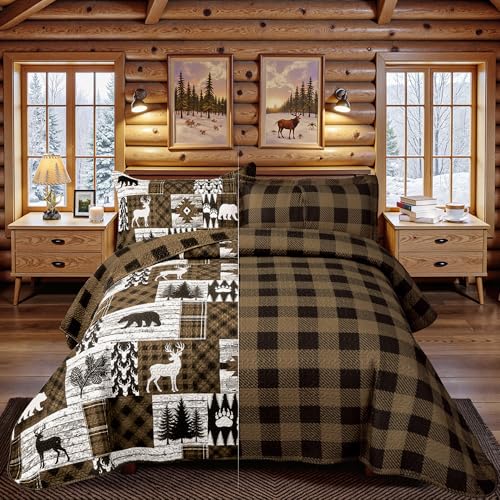 2 Piece Cabin Quilt Sets Twin Size Farmhouse Rustic Reversible Microfiber Soft Lightweight Bedspread Comforter with 1 Sham Patchwork Country Lodge Bedding Quilts Set for All Season, 68''x86'', Brown Tritard