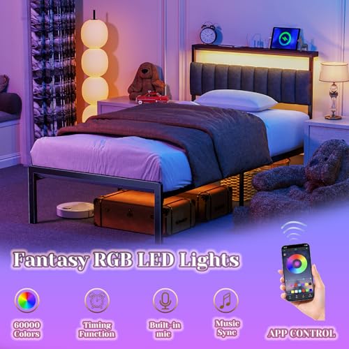 Woanke Twin Bed Frame With Headboard Upholstered, Twin Frame with LED & Charging Station, Twin Metal Bed Frame Assemble Easily, Noise-Free Bed Frame Twin, Black Twin Bed Frames for Kids & Adults,Black Woanke