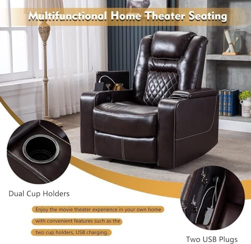 CANMOV Electric Power Recliner Chair Set of 2, Breathable Leather Home Theater Seating with Hidden Arm Storage, Power Recliner Chair for Living Room with USB Ports and Cup Holders,Brown CANMOV