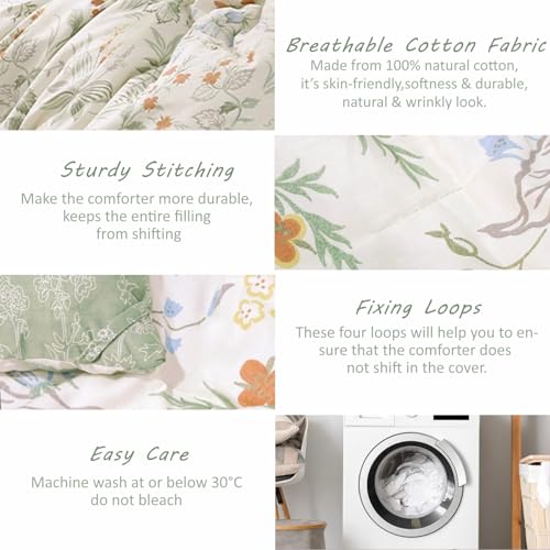 ALEISSEL Natural Cotton 3pcs Botanical Comforter Sets Queen Size-Green Comforter with Red & Blue Flowers,Gray Leaves on Off-White, Reversible Lightweight Bedding Sets(Full/Queen) ALEISSEL