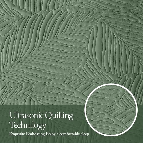 OARAGE Twin Quilt Bedding Set Soft Lightweight Olive Green Bedspread with Leaf Pattern Ultrasonic Microfiber Bed Coverlet for All Season (1 Quilt,1 Sham) OARAGE
