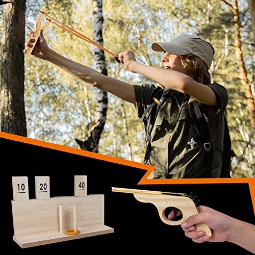 Offelec Wooden Multi-Shot Rubber Band Gun Pistol Handgun and Catapult Game with Wooden Number Target Stand for Kids and Adults. Party and Family Offelec