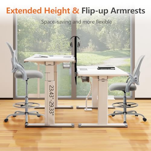 Sweetcrispy Tall Drafting Office Desk Chair - Ergonomic High Stool Computer Chair with Adjustable Height and Comfy Lumbar Support, Rolling Counter Height Chairwith Flip-up Arm and Footrest, Grey Sweetcrispy