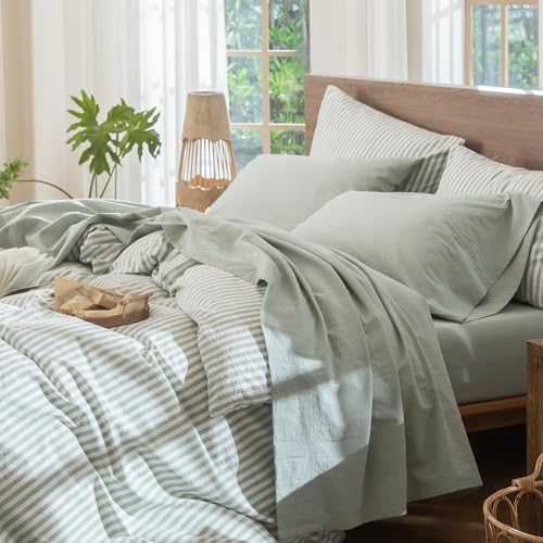 MooMee Bedding Sheet Set 100% Washed Cotton Linen Like Textured Breathable Durable Soft Comfy (Heathered Sage Green, King) MooMee