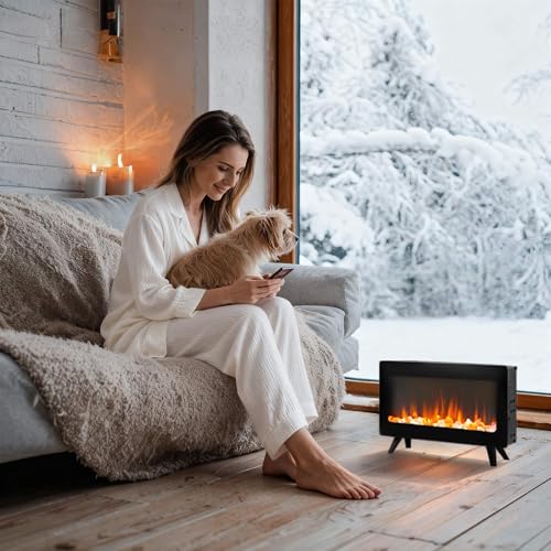uHousDeco 16in Freestanding Electric Fireplace Heater, Small Fire Place Electric Fireplace with 3D Realistic Flame, Portable Indoor Fireplace Space Heater, 750W | 1500W uHousDeco
